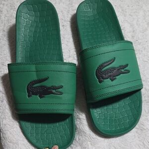 Lacoste Green Slide Sandals with Black Croc Logo
